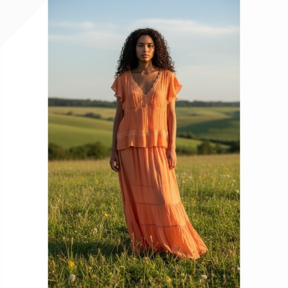 Robbie‎ Bee 2 Piece Maxi Skirt Set Womens 12 Coral Orange Good Pleated Lace Boho